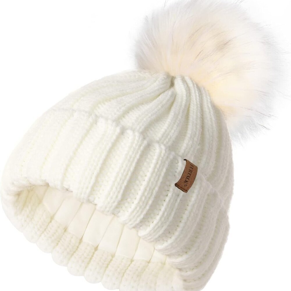 Kids Winter Hat Toddler Knitted Beanie with Faux Fur Pom Poms for Baby Girls Boy